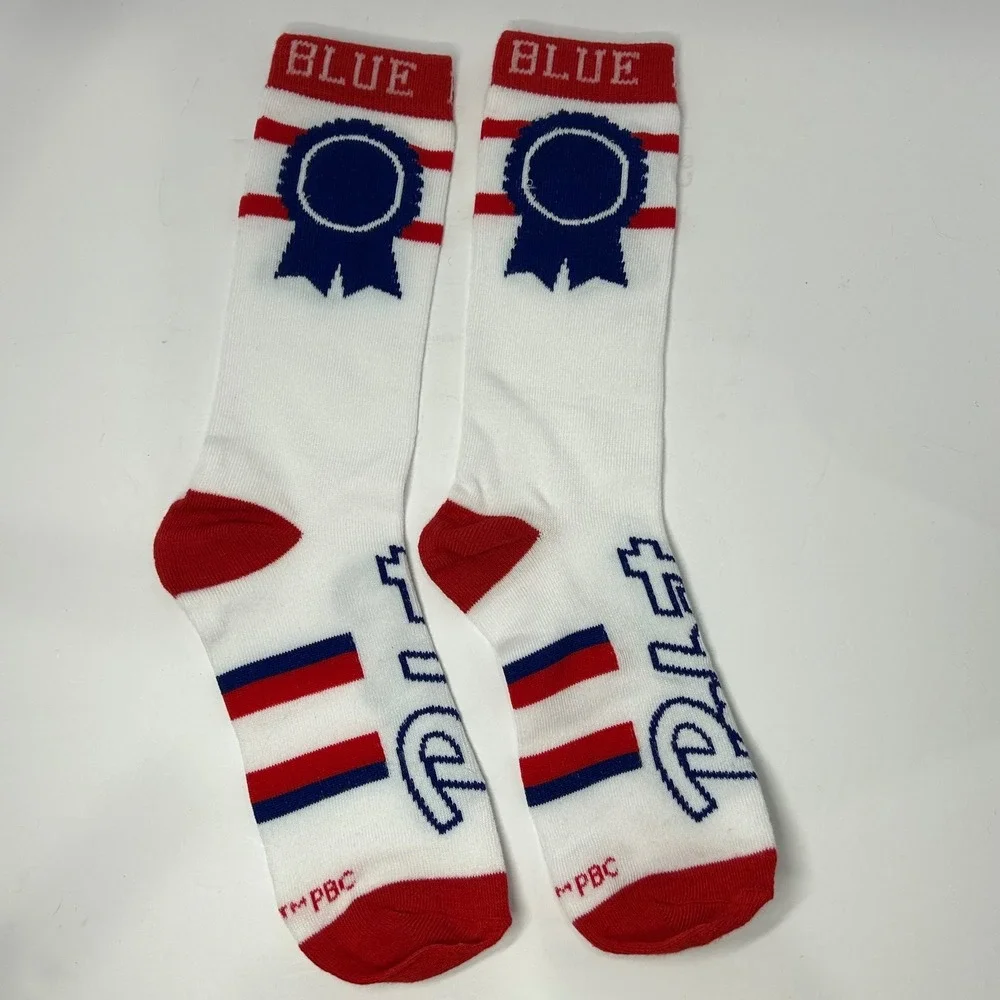 Pabst Blue Ribbon PBR Crew Socks in Collectible Beer Can Tin Bank White Red Blue